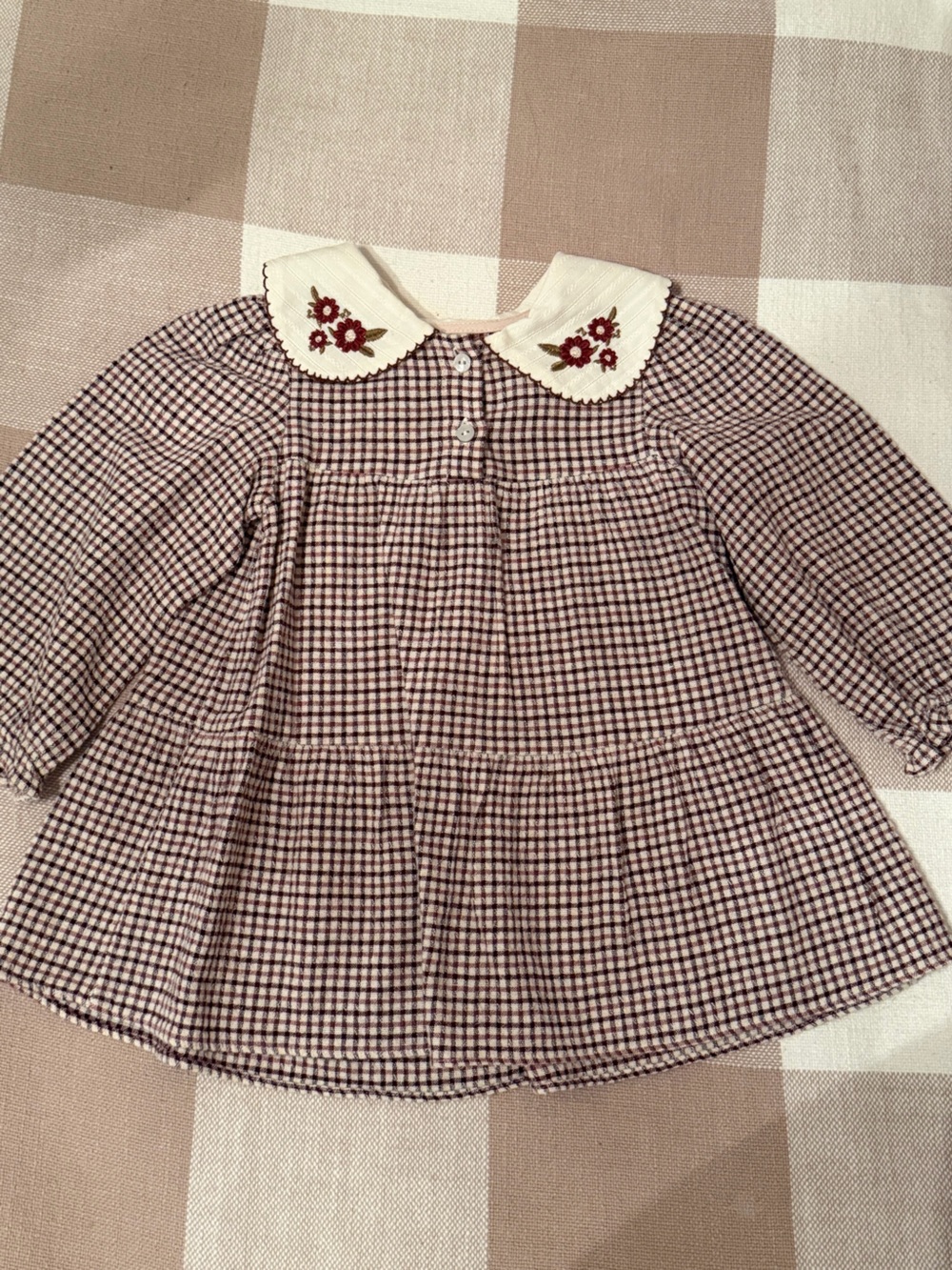 Zara Cream Collared Plaid Dress with Burgundy Check and Red Embroidery